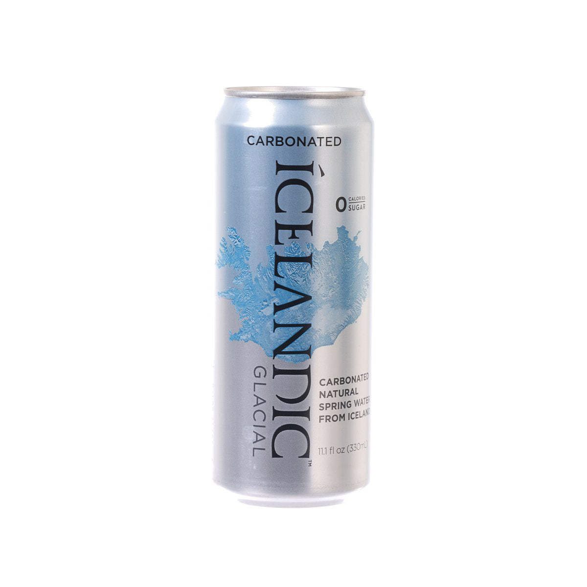 ICELANDIC carbonated natural spring water can, 330 mL, blue graphic front