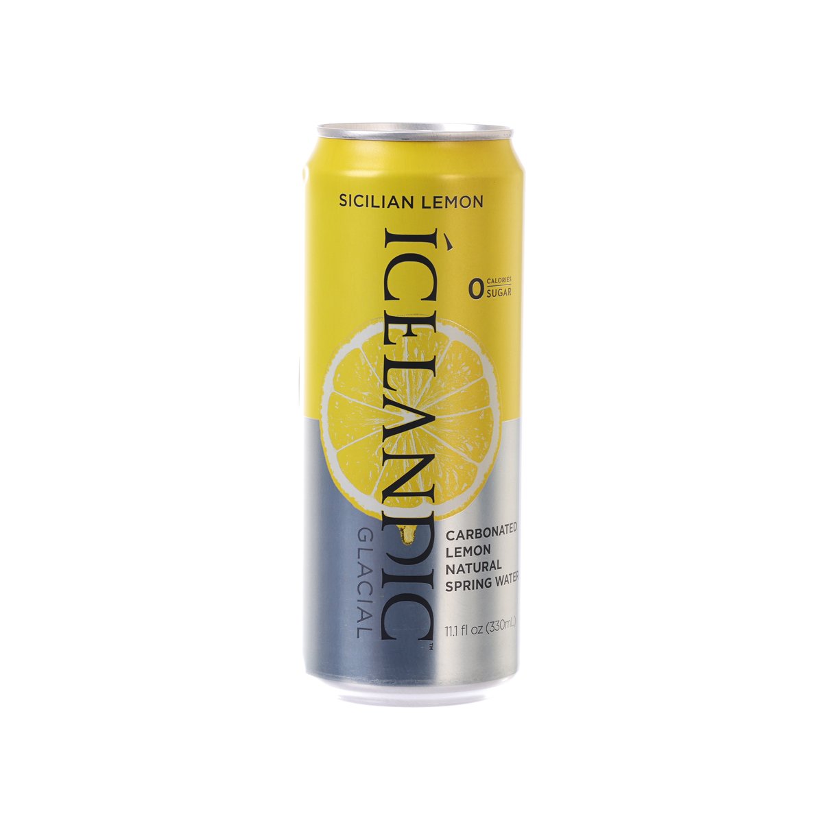 Sicilian lemon sparkling water can with front label and silver top