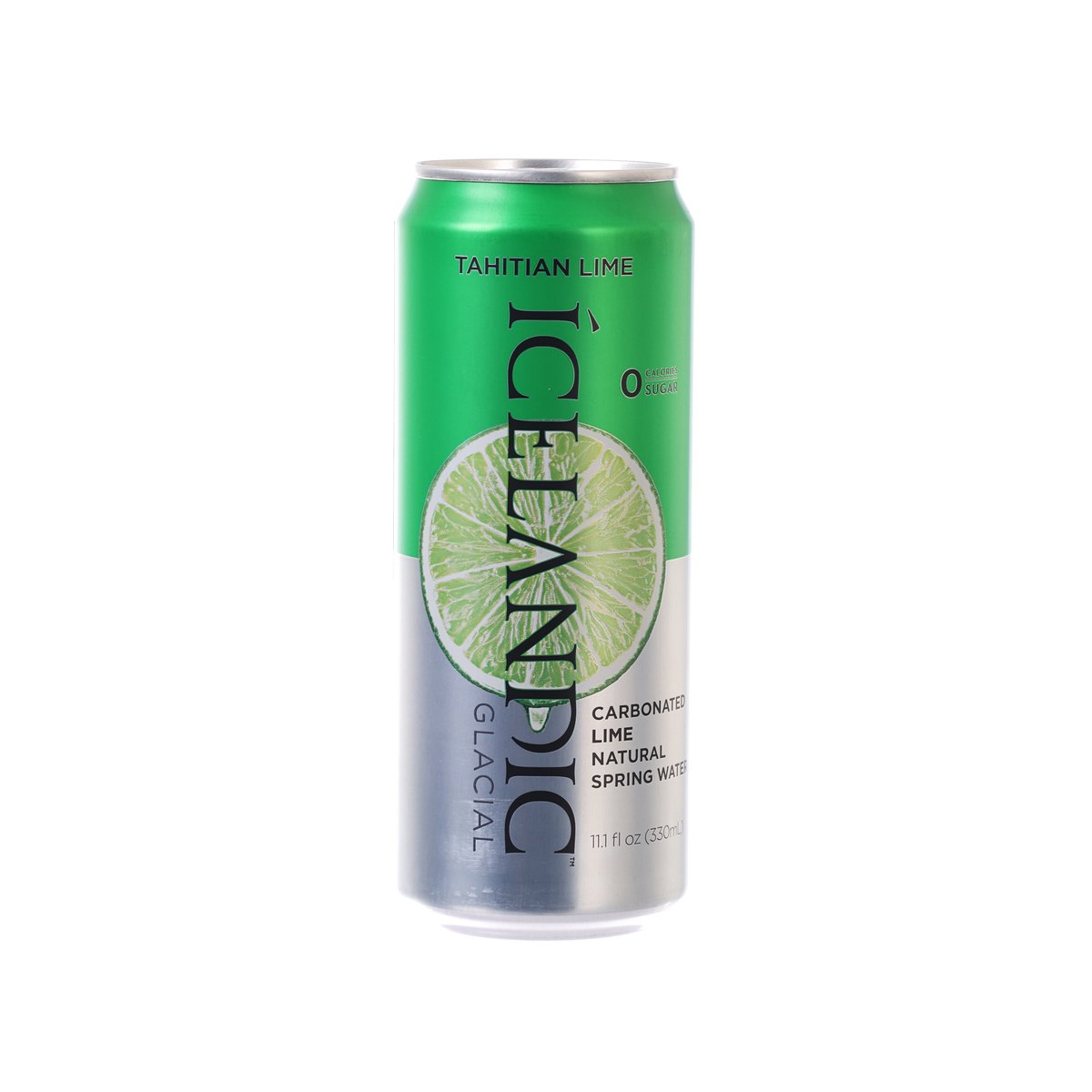 Green sparkling water can with Tahitian lime flavor label, 330 mL.
