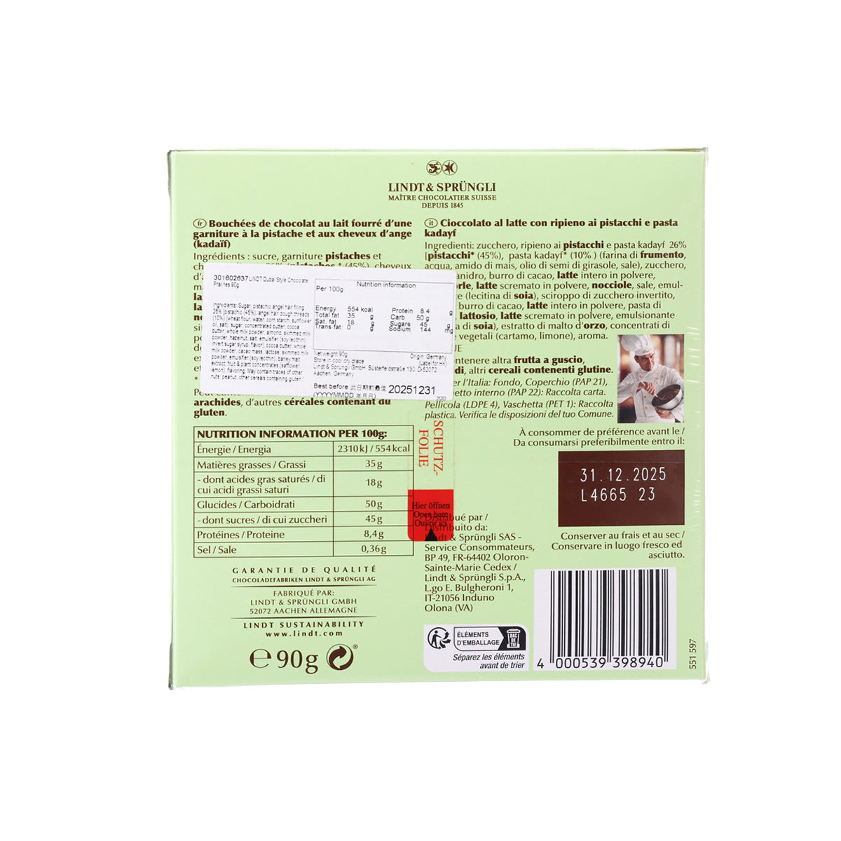 Back of chocolate pralines box with nutrition facts, ingredients, and barcode label