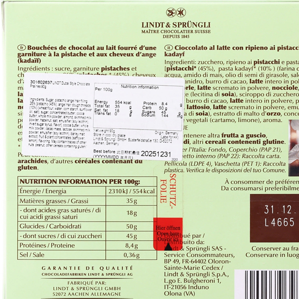 Close-up of chocolate box ingredient list and nutrition facts panel on the back