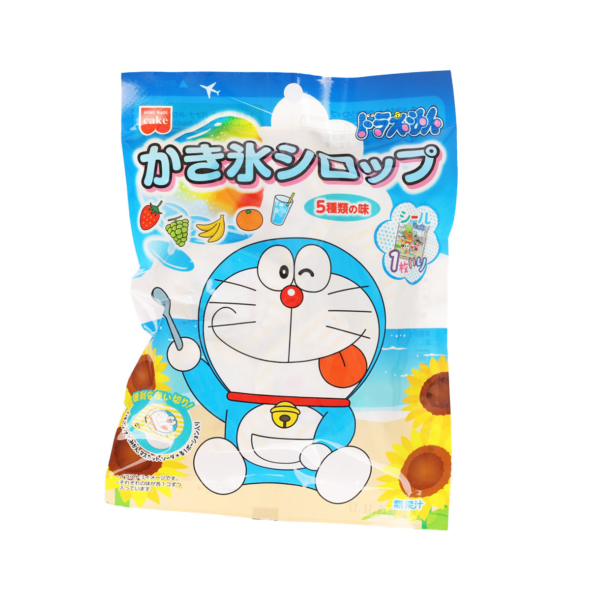 Shaved ice syrup pouch with Doraemon graphic, blue package front