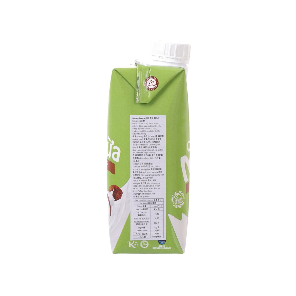 COCO XIM original coconut milk carton, 330 mL back panel
