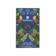 Dark milk sourdough chocolate bar pack, jungle front with brand name and tasting notes