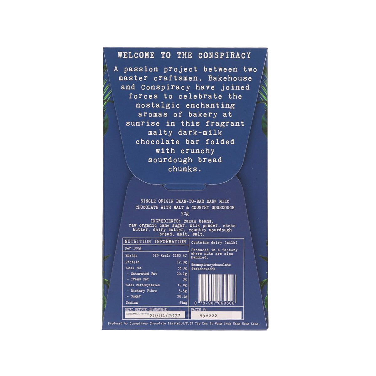 Chocolate bar back label with story text and nutrition information on blue package