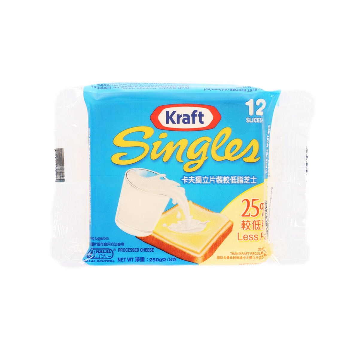 Kraft Singles less fat cheese slices package, 12 slices, 25% less fat