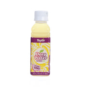 Lemon deep water PET bottle with white cap, front label in purple and yellow