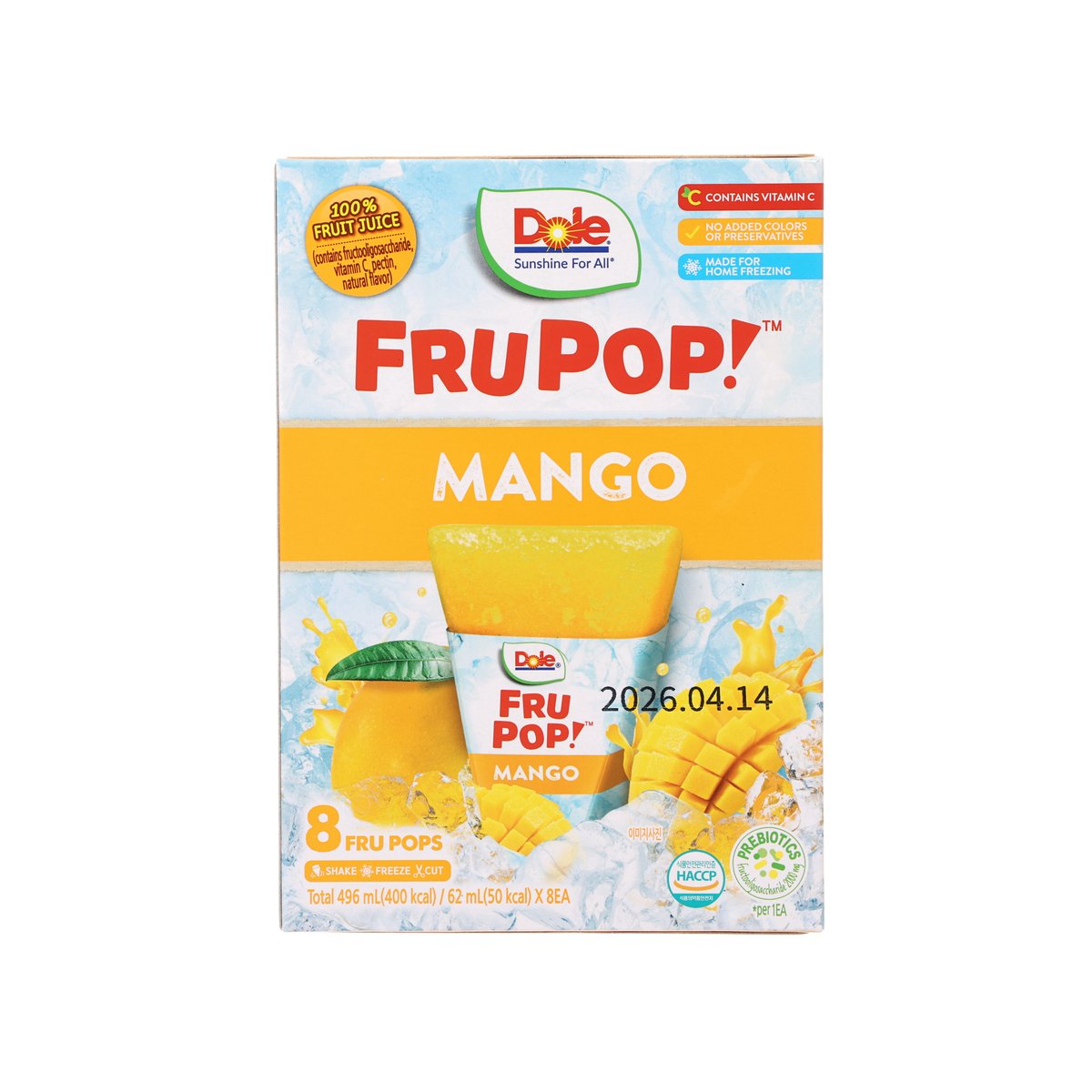 DOLE FruPop mango juice pops box, 8-pack with orange mango graphics