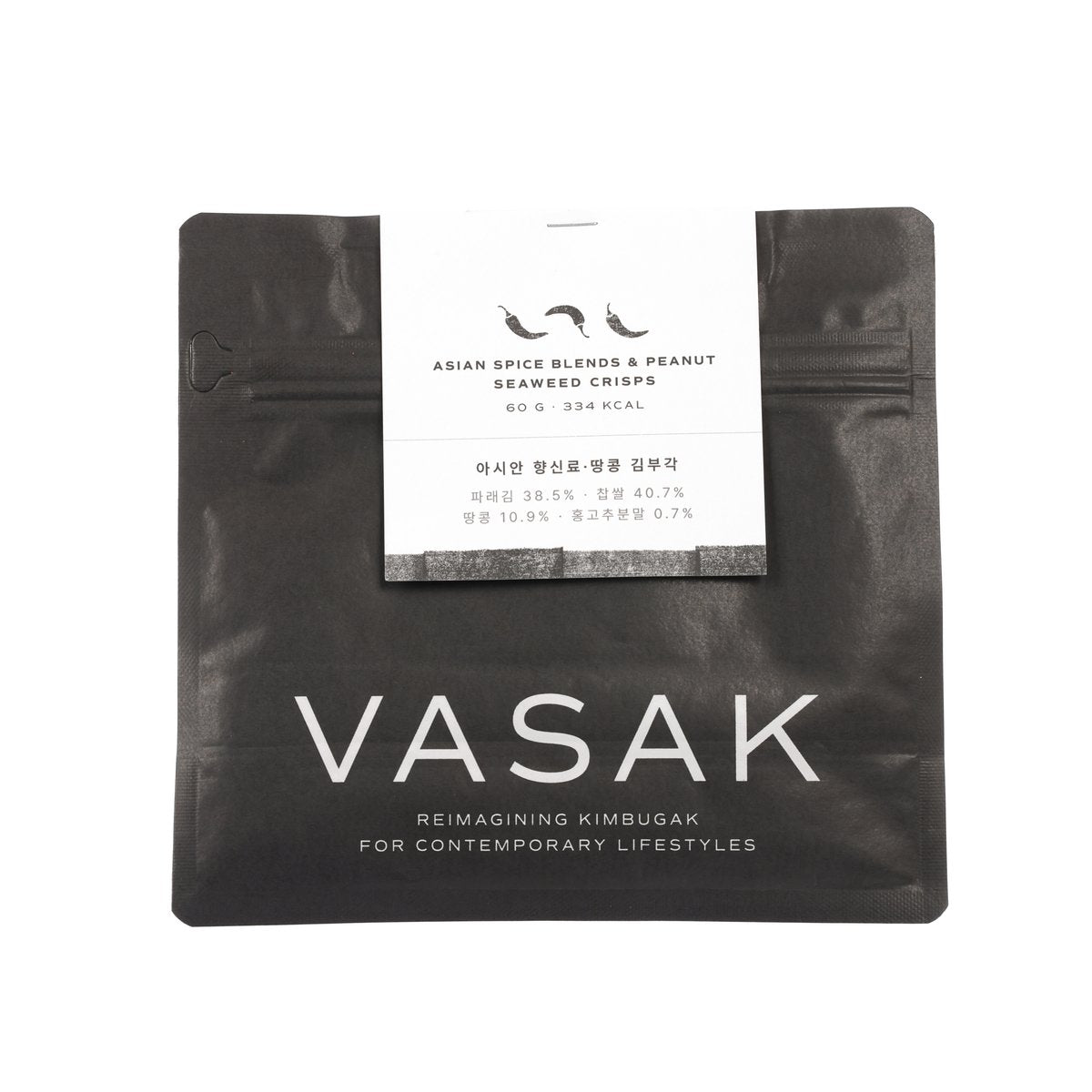Black stand-up snack pouch with white label and VASAK branding