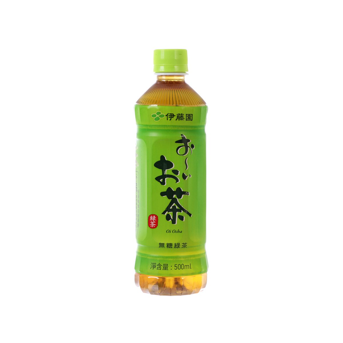 Green PET unsweetened green tea bottle, 500 mL, with front label and cap