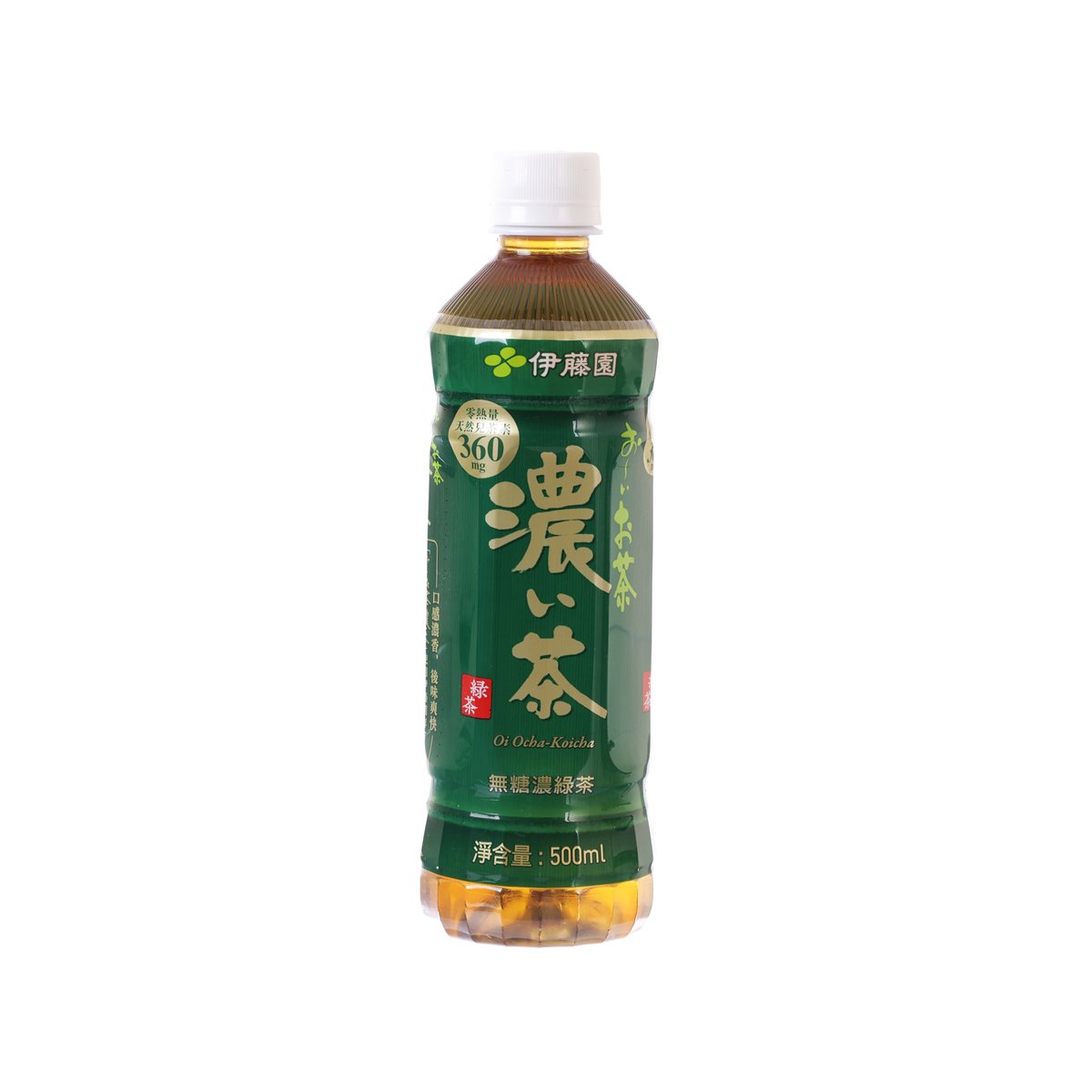 ITOEN unsweetened dark green tea bottle, 500 mL PET, front label