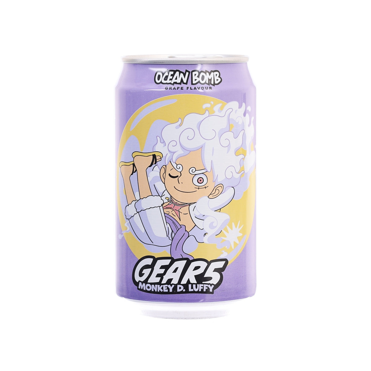 Purple Ocean Bomb grape sparkling water can with anime Luffy and GEAR5 design