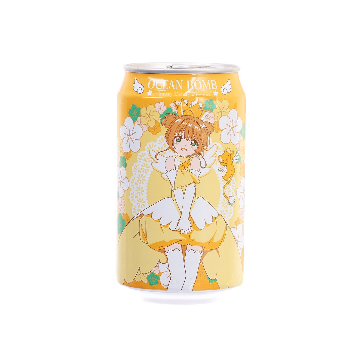 Yellow sparkling water can with cartoon character illustration and Ocean Bomb branding