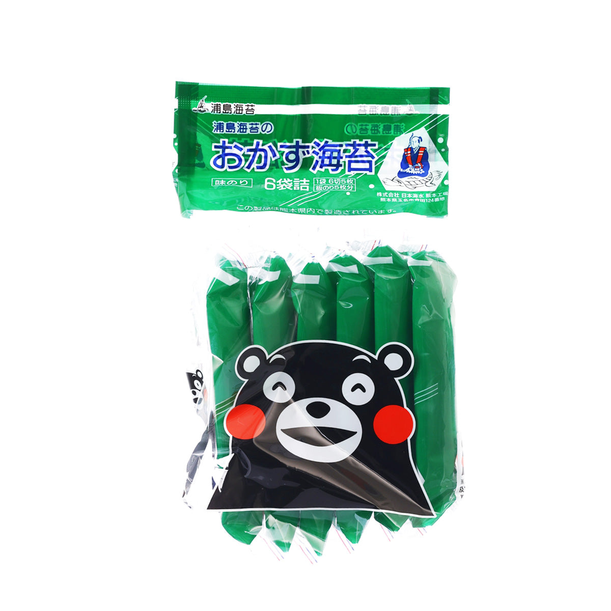 Seasoned seaweed snack packs, green with Kumamon character front, 6-pack