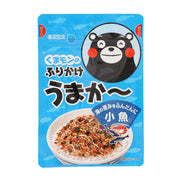Furikake rice topping pouch with Kumamon bear and small fish illustration, front panel