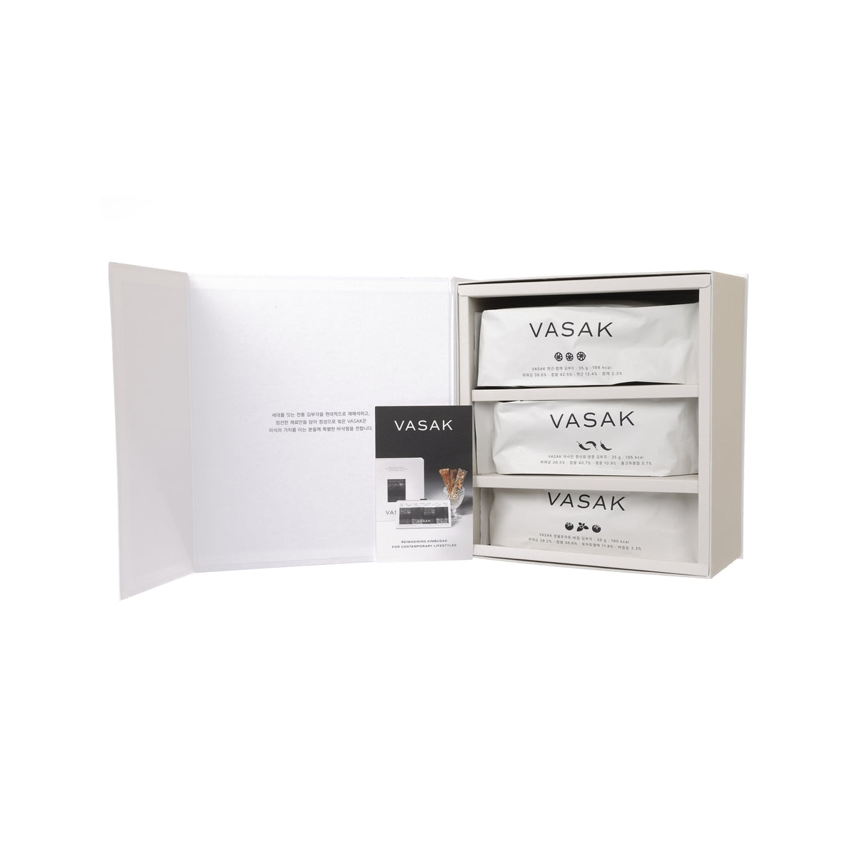 VASAK seaweed gift set box open, showing stacked pouch packs with VASAK