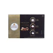 Ferrero Rocher Origins chocolate wafer box, black and gold, with cocoa % circles