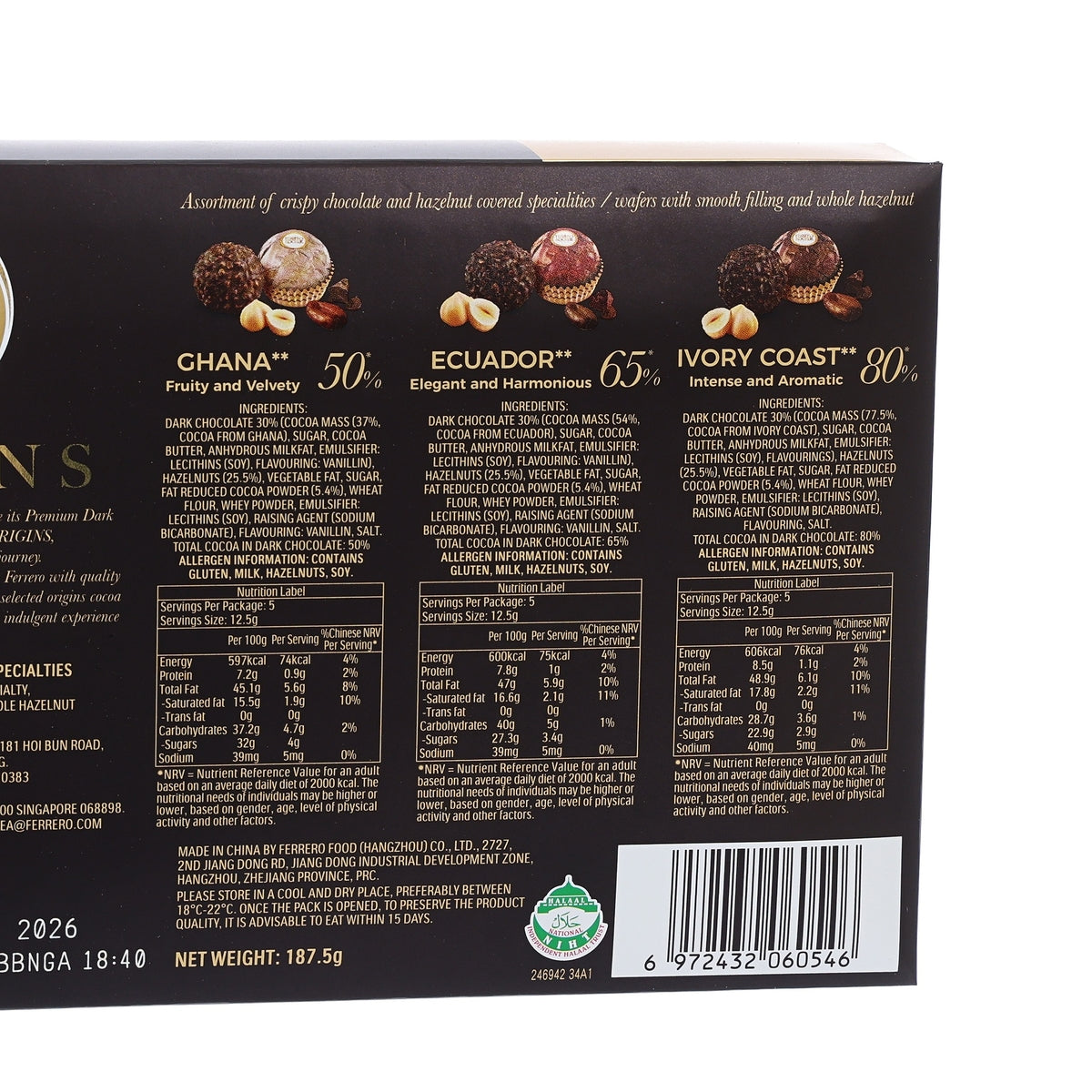 Ferrero Rocher Origins chocolate assortment box close-up of nutrition and ingredient table