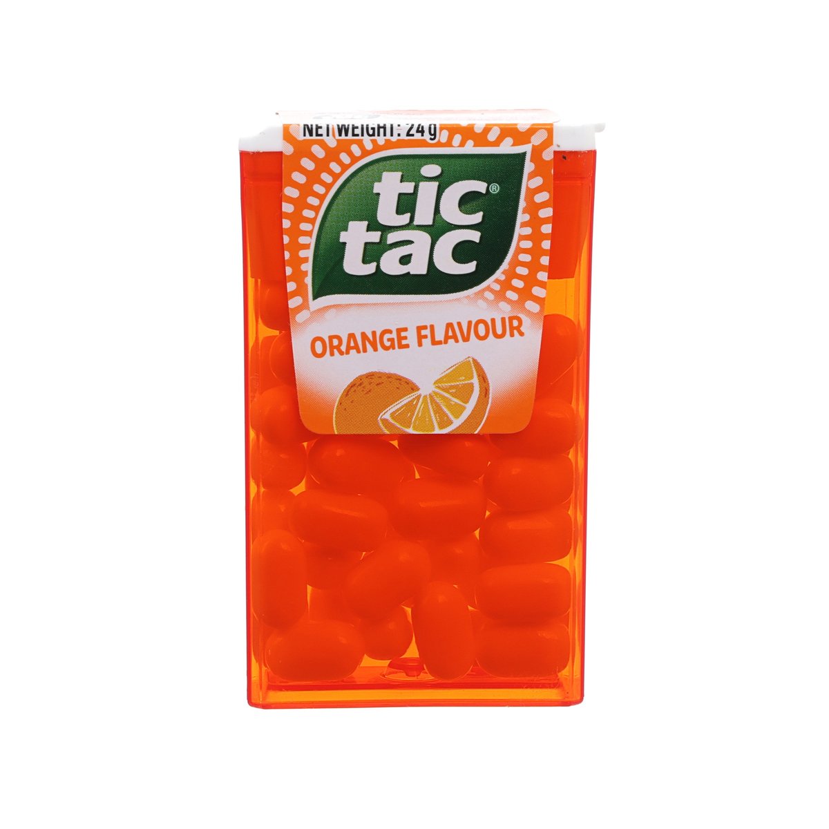 Orange flavoured mint package with tic tac logo and orange flavour label