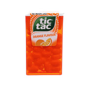 Orange flavoured mint package with tic tac logo and orange flavour label