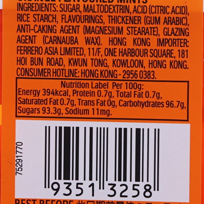 Orange flavoured mint package close-up of barcode and nutrition information