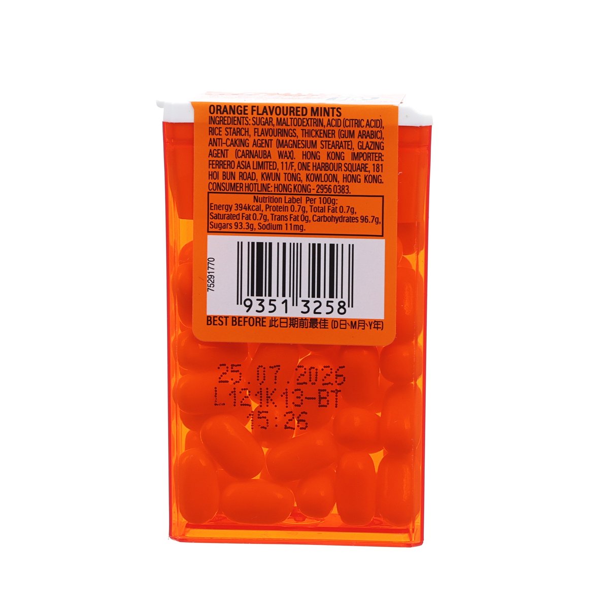 Orange flavoured mint package back with ingredients panel and barcode
