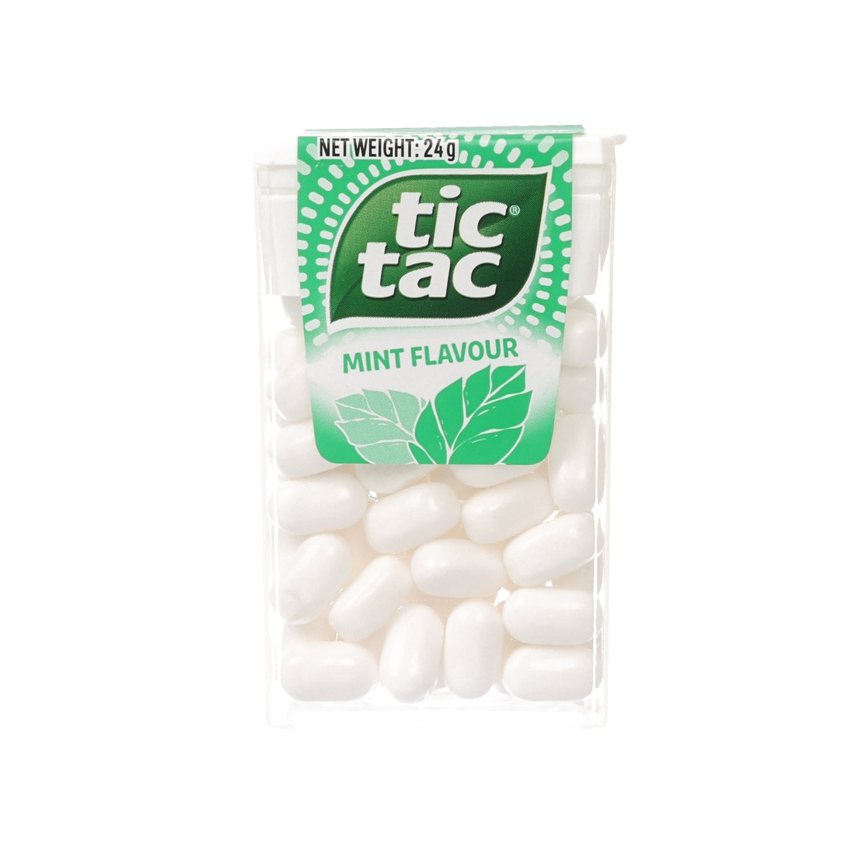 Mint-flavoured mints in clear bag with green label and white tablets