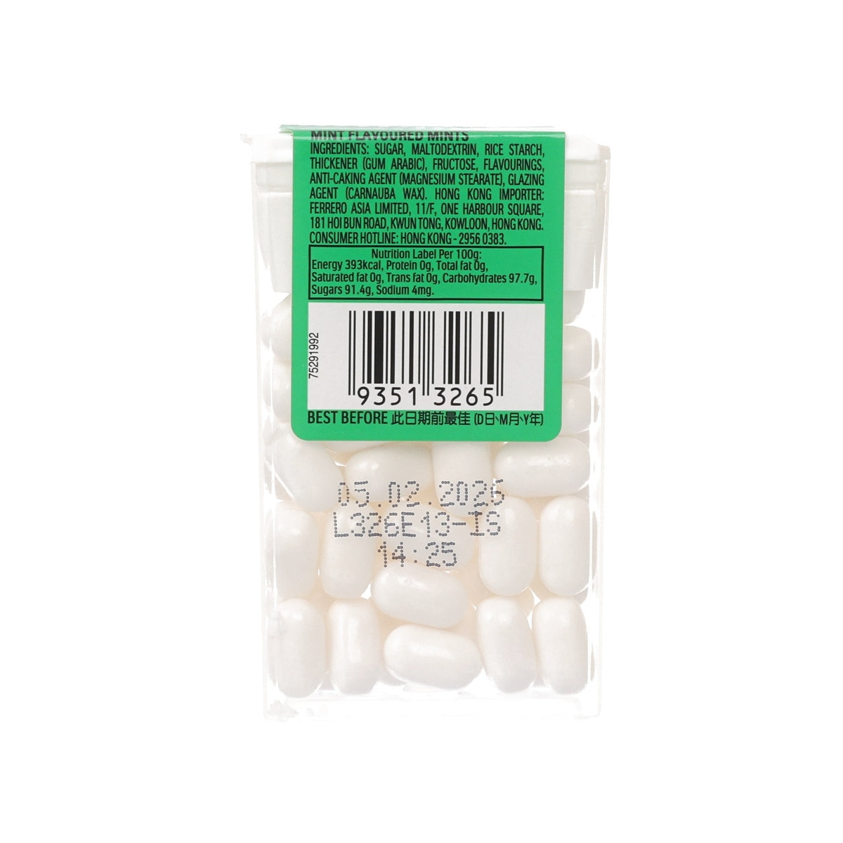 Mint-flavoured mints bag back with green ingredient label and barcode