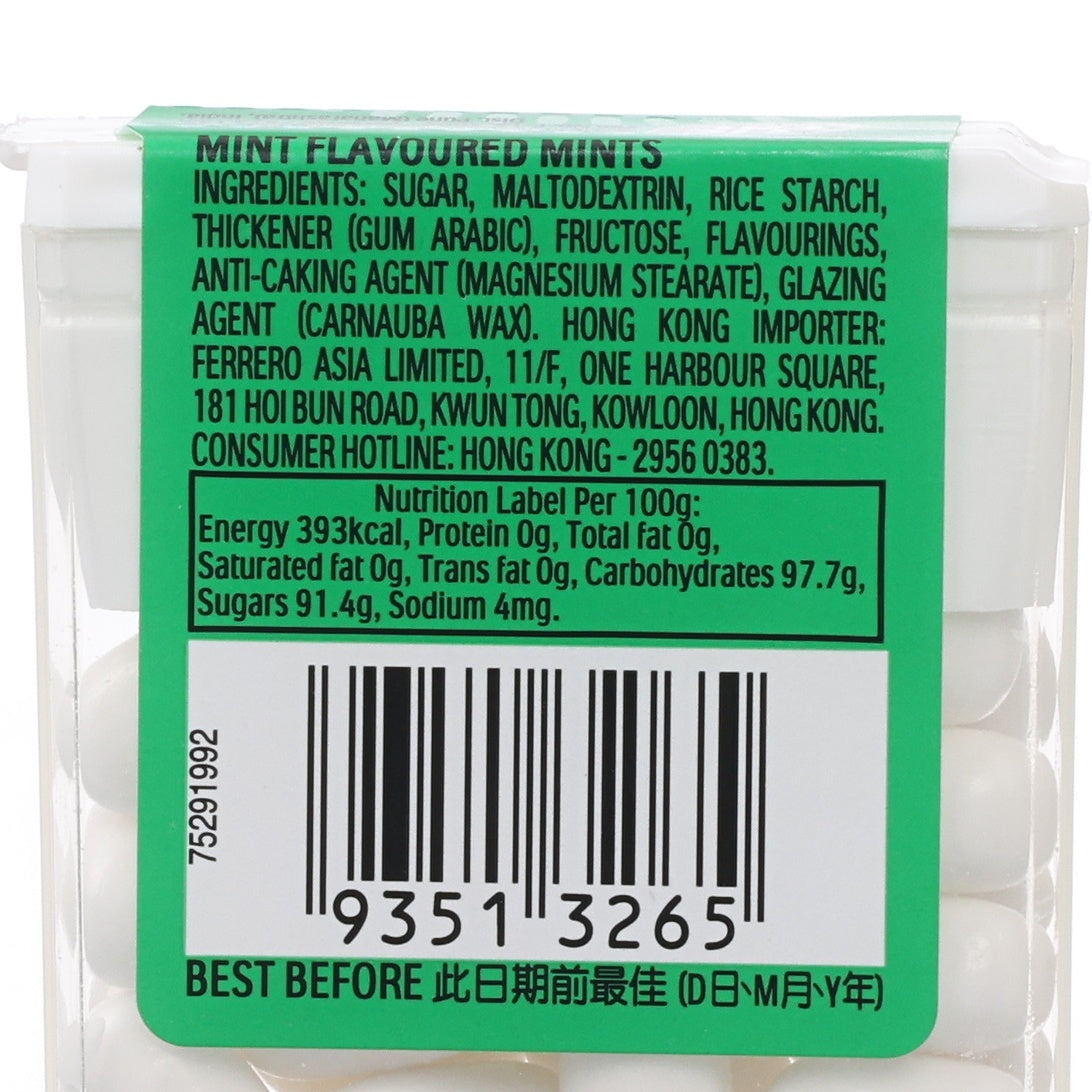 Mint-flavoured mints nutrition label close-up on green panel