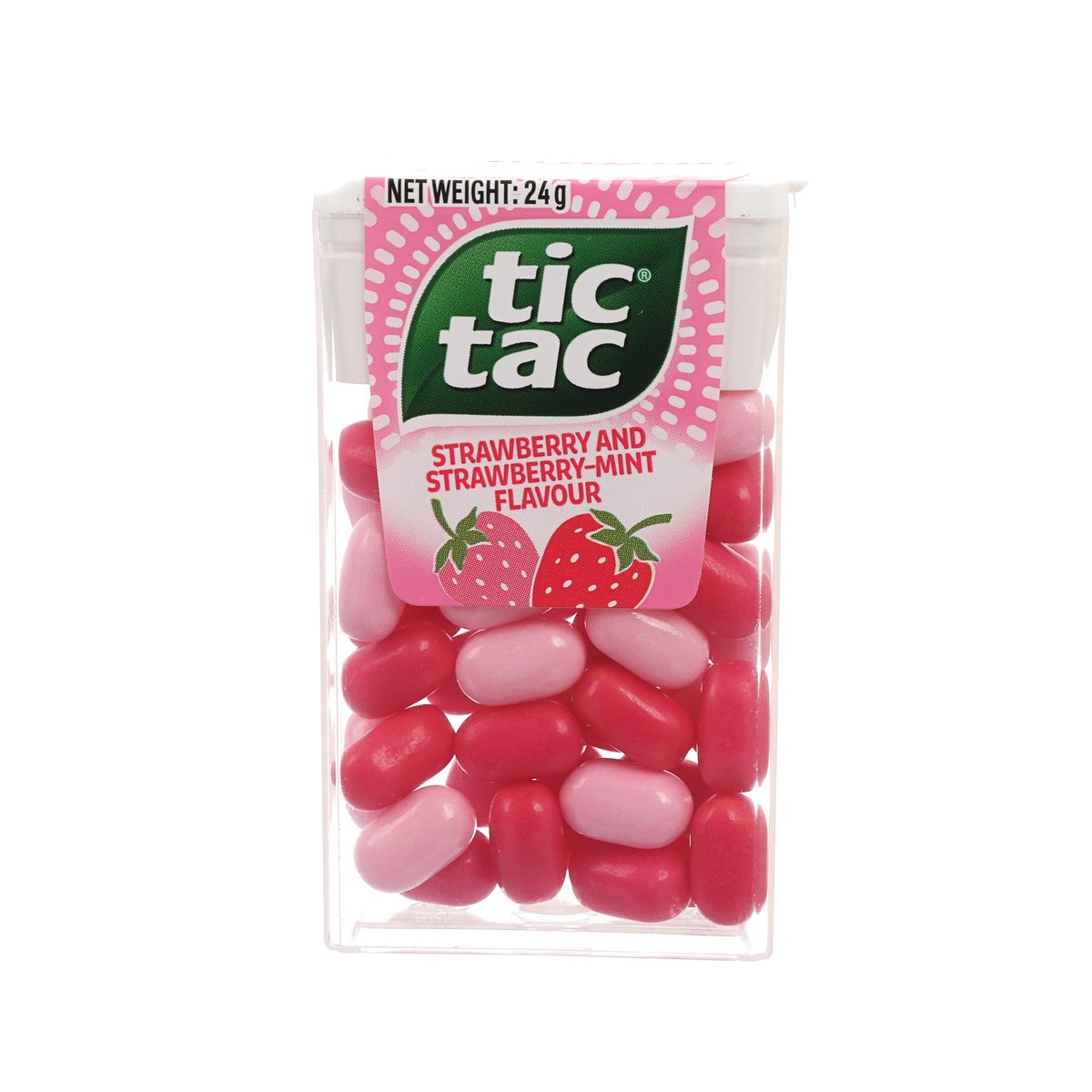Tic Tac strawberry-mint mints in clear pouch, red and pale pink tablets