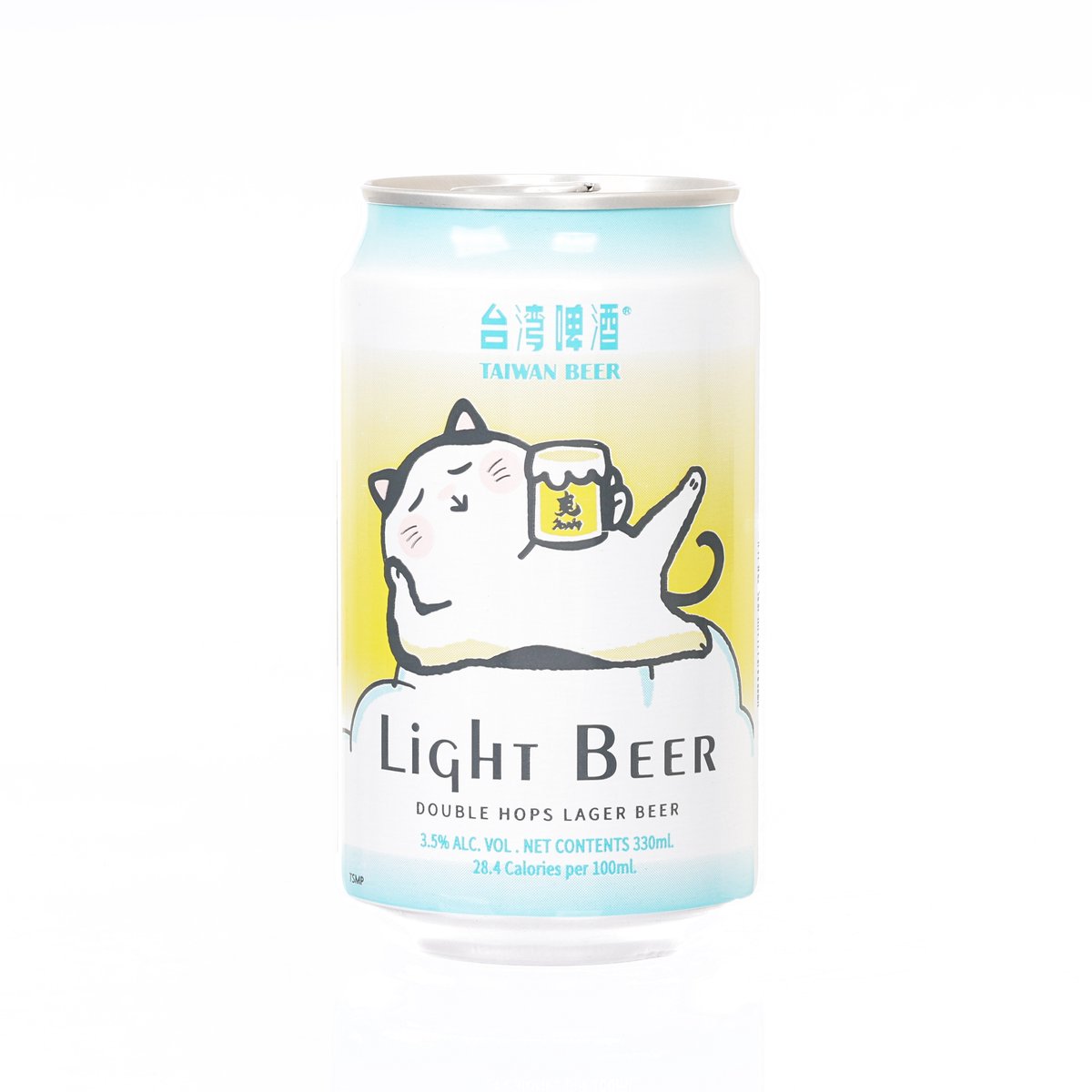 Light beer can, 330 mL, with cat mascot and 'Light Beer' label