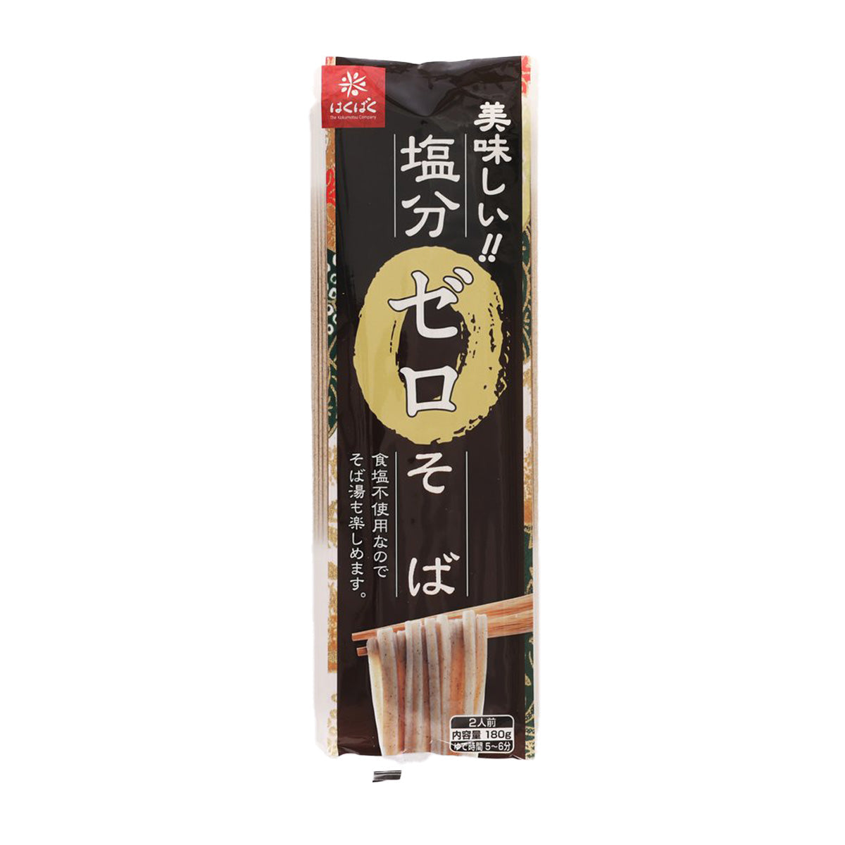 Salt-free soba noodle bag, 180g, dark-and-yellow front label