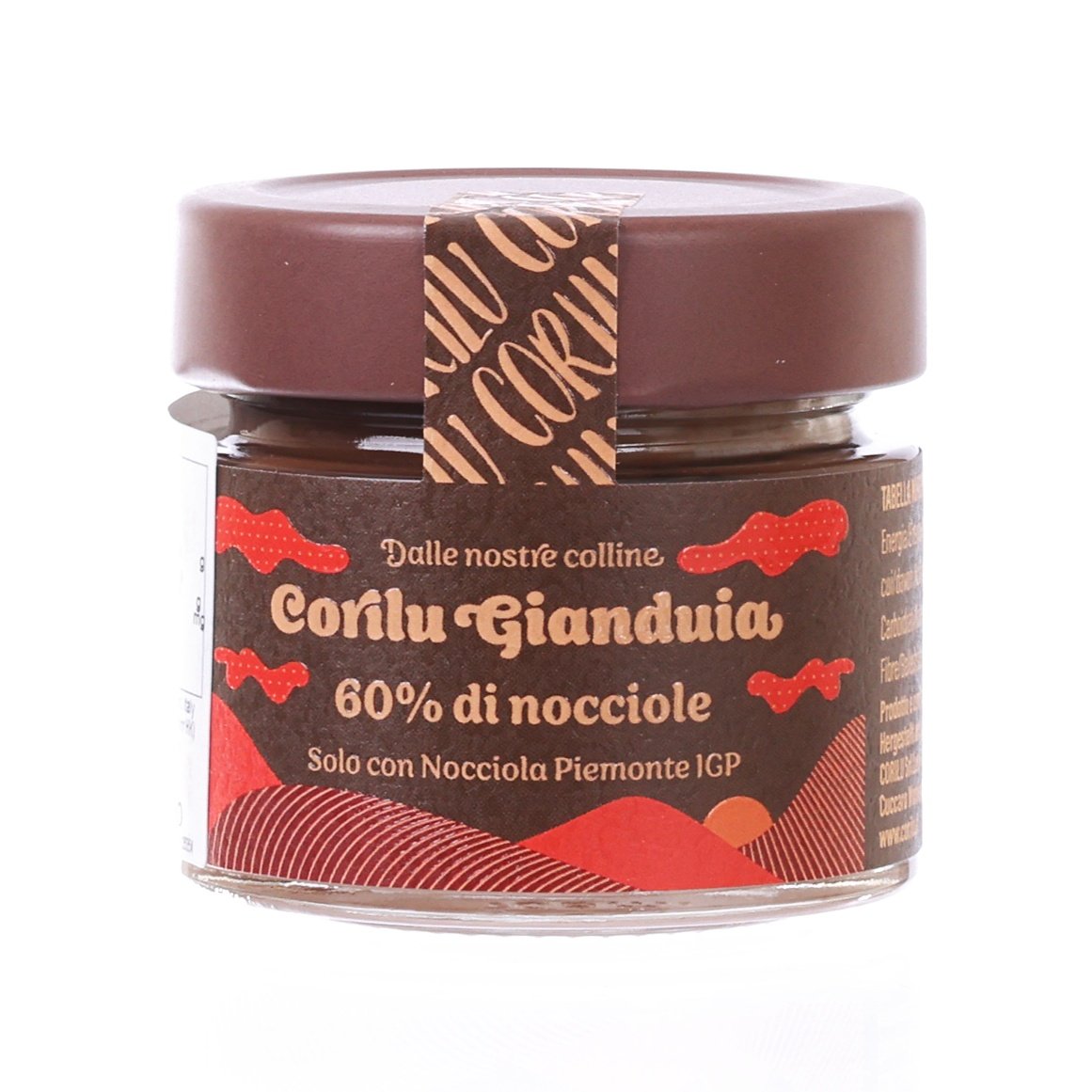 CORILU gianduja hazelnut cream jar, brown lid, red front label