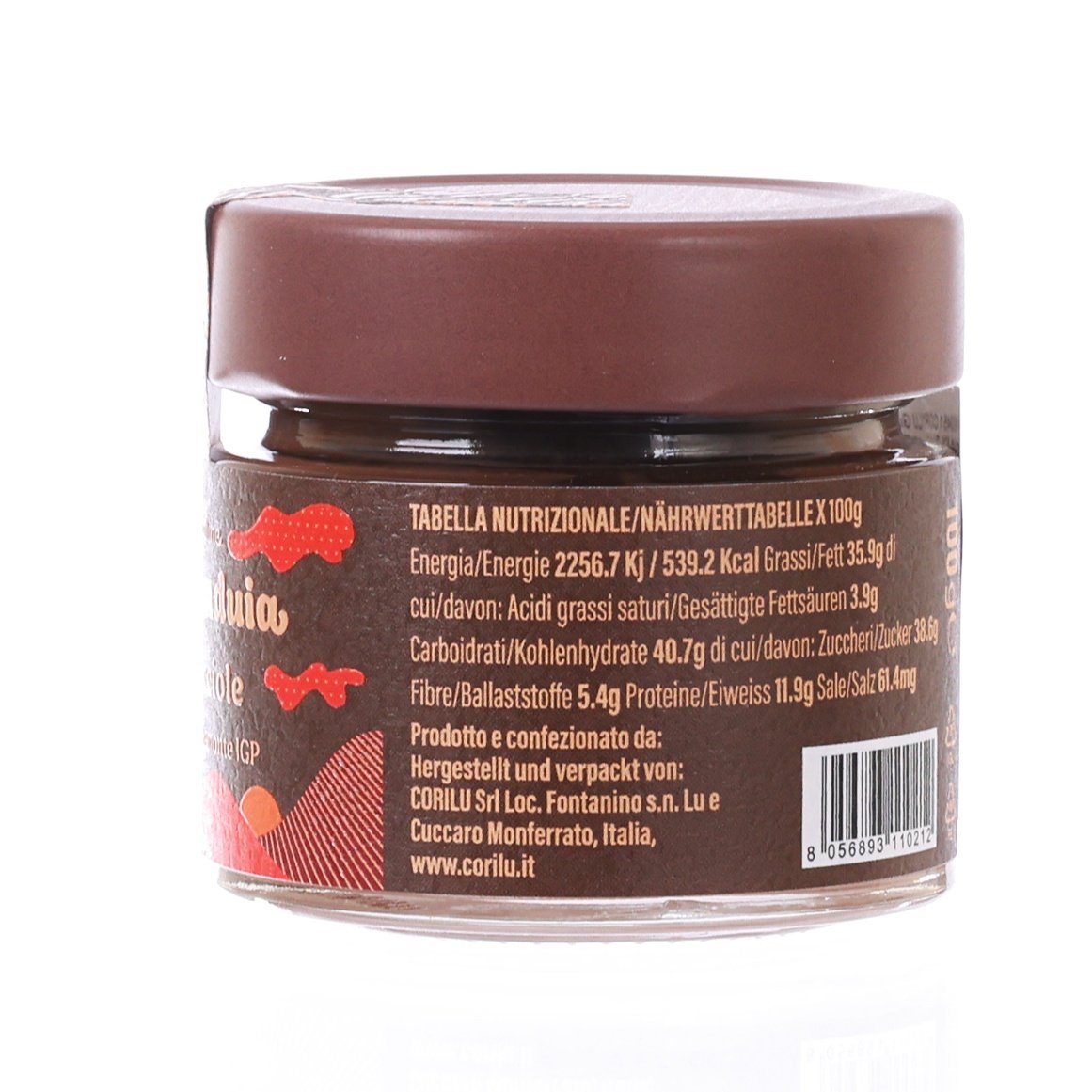 CORILU gianduja hazelnut cream jar, brown lid, nutrition back label