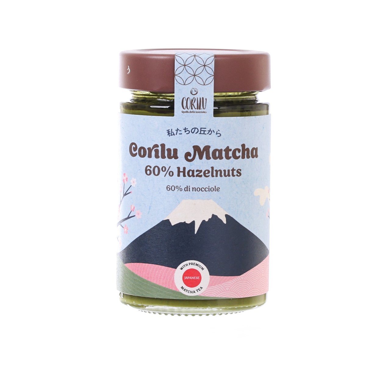 CORILU matcha hazelnut spread jar, 212 g, pink lid with front label