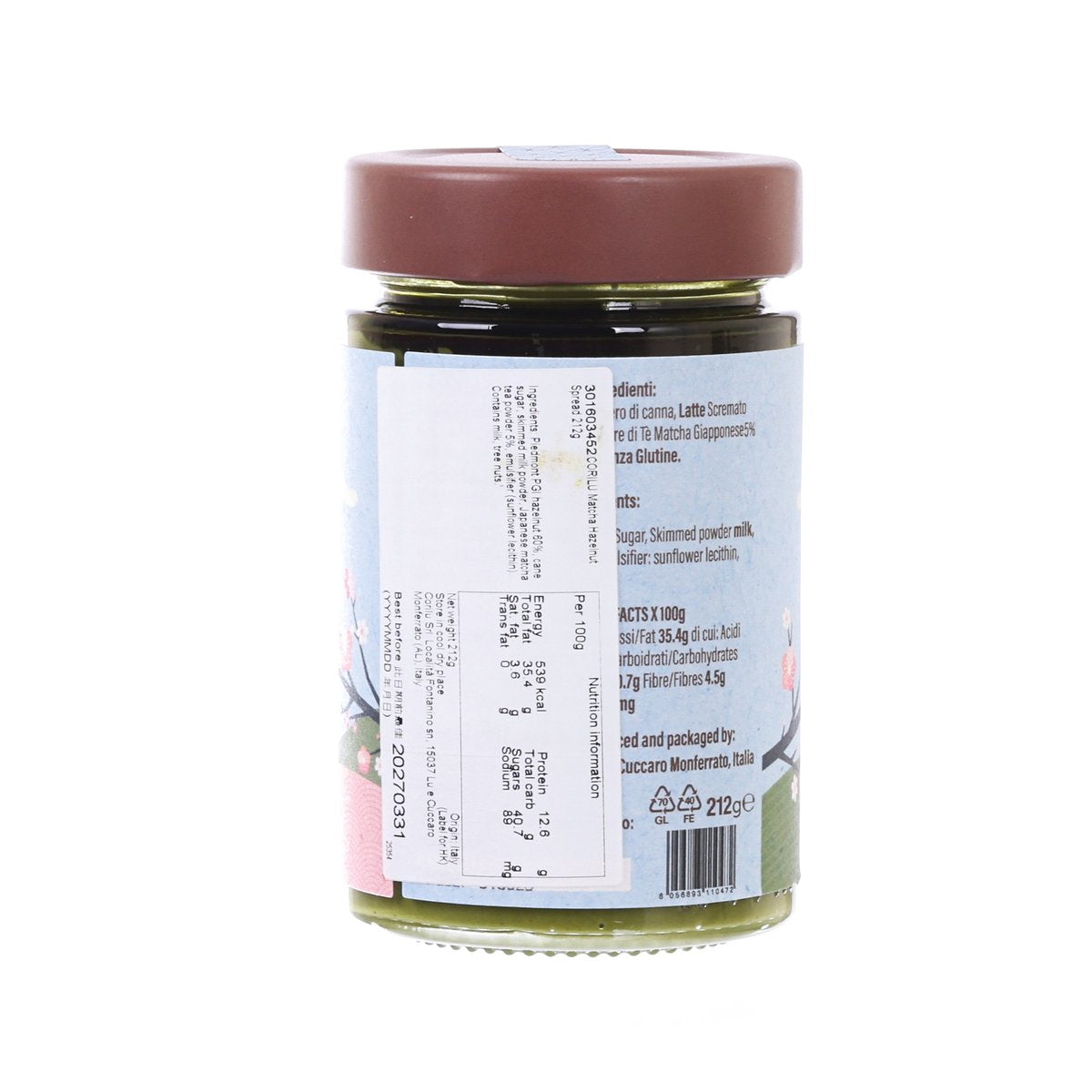 CORILU matcha hazelnut spread jar, back label with ingredients and nutrition, 212 g