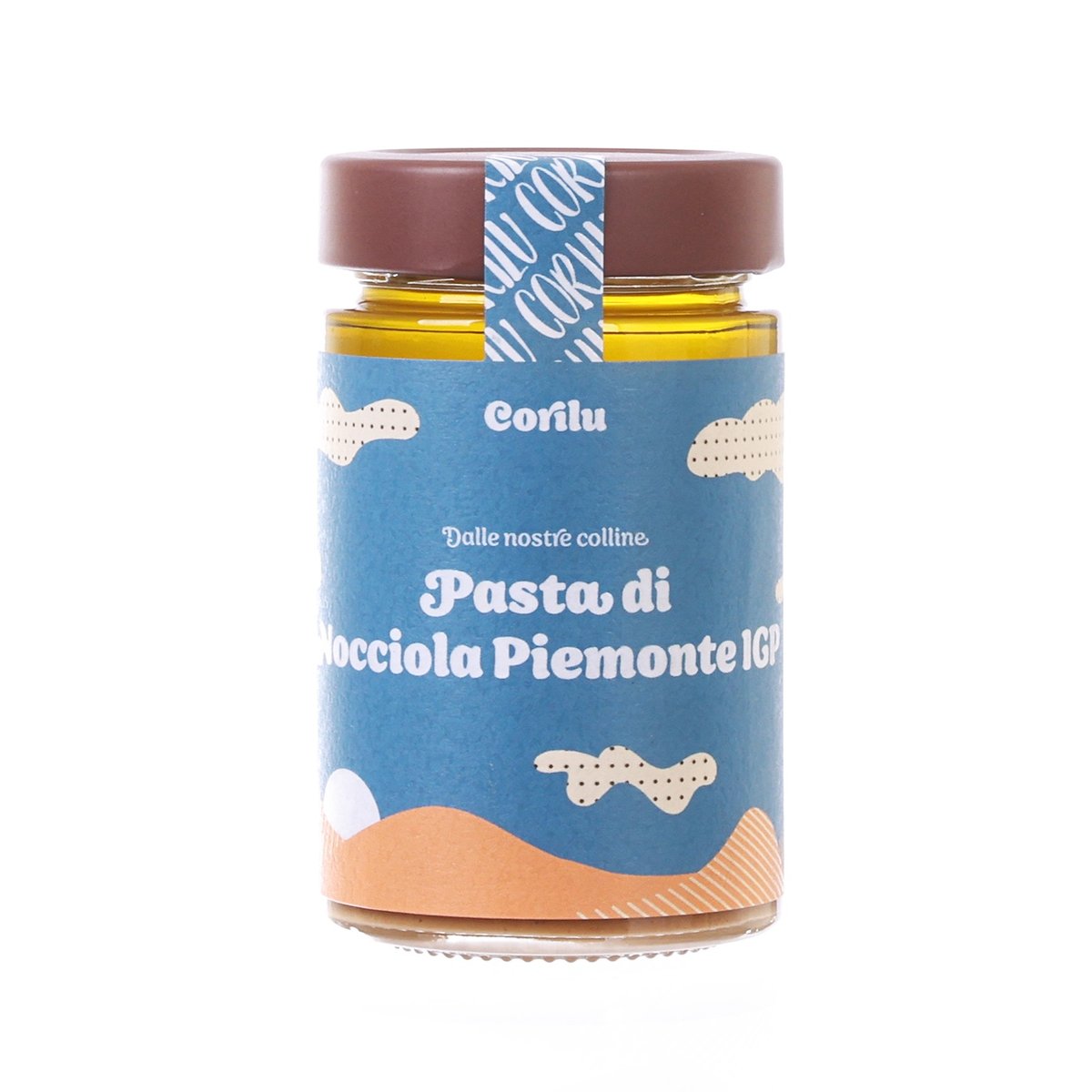 Hazelnut paste jar with front label, CORILU, 180g, brown cap