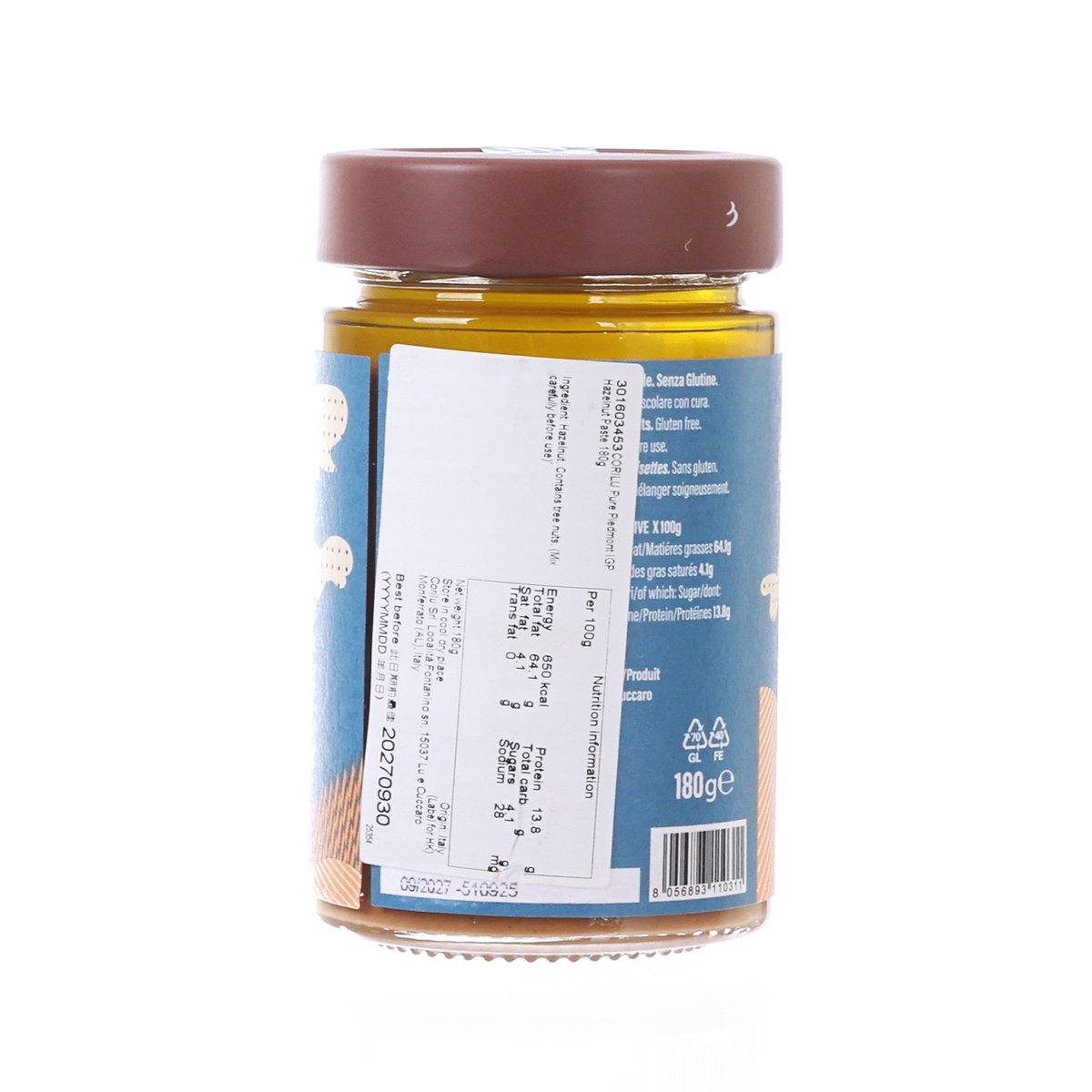 Hazelnut paste jar back label with nutrition panel and barcode, 180g, brown cap
