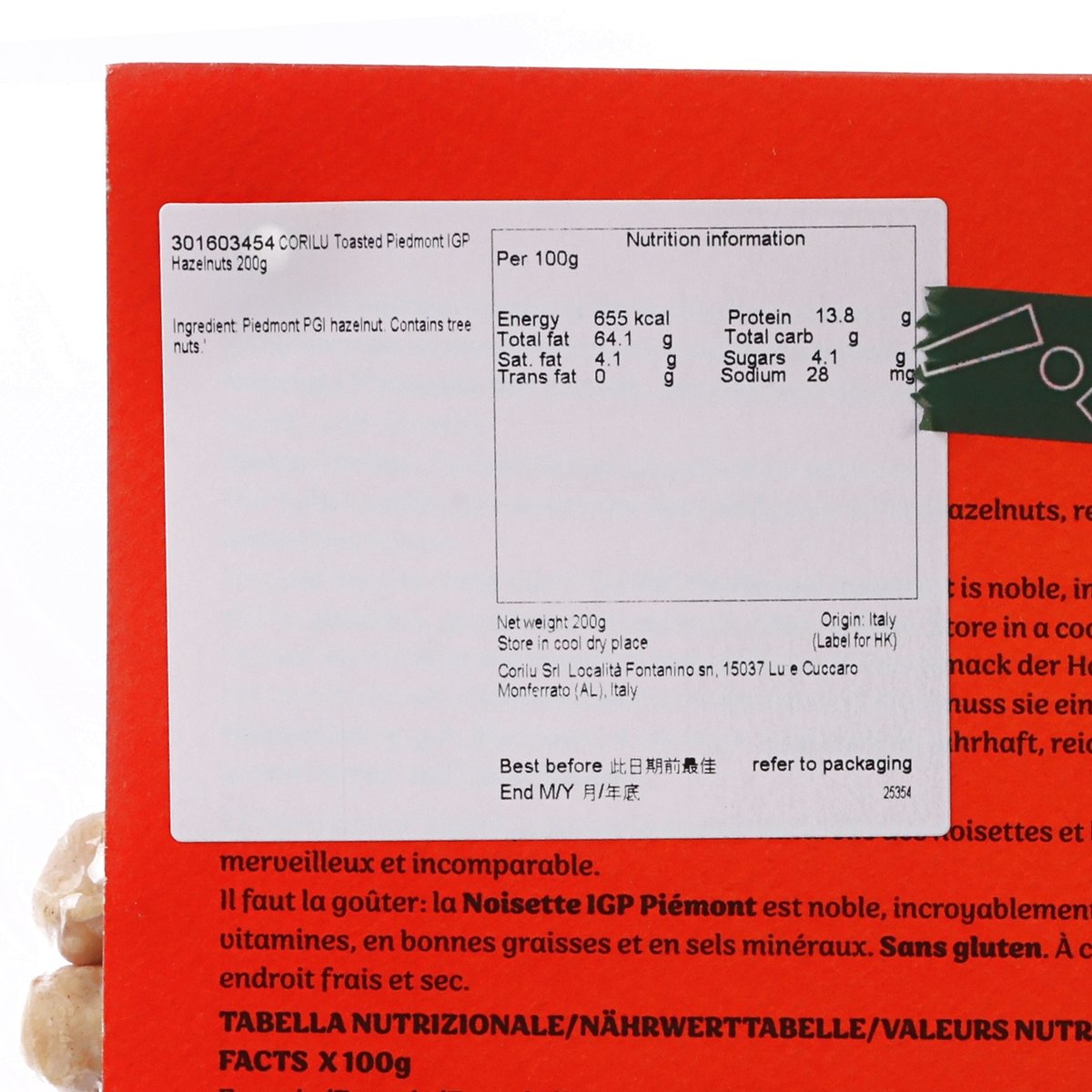 Nutrition facts panel on red bag of toasted hazelnuts, 200g