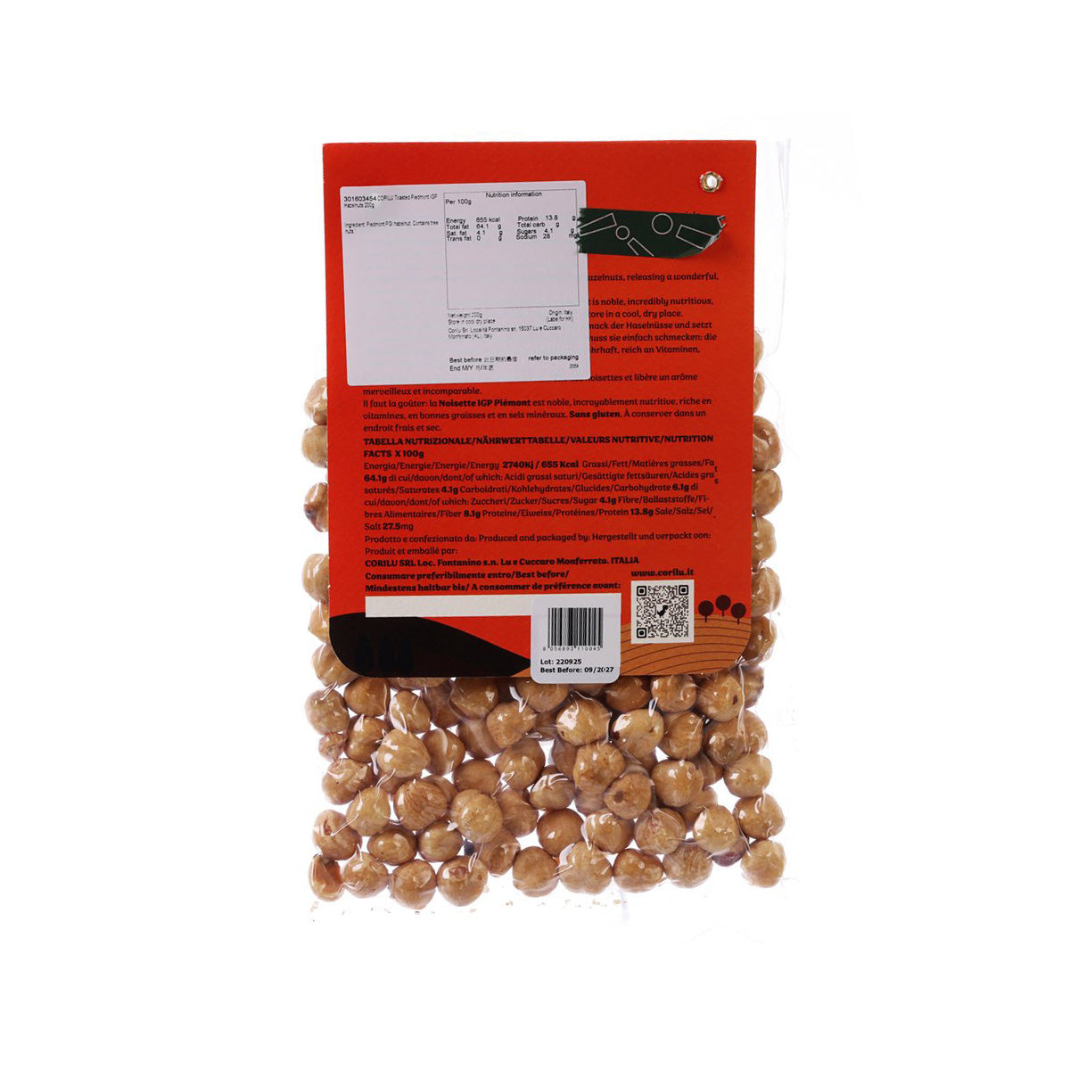 Back of red bag showing allergen and nutrition text for toasted hazelnuts