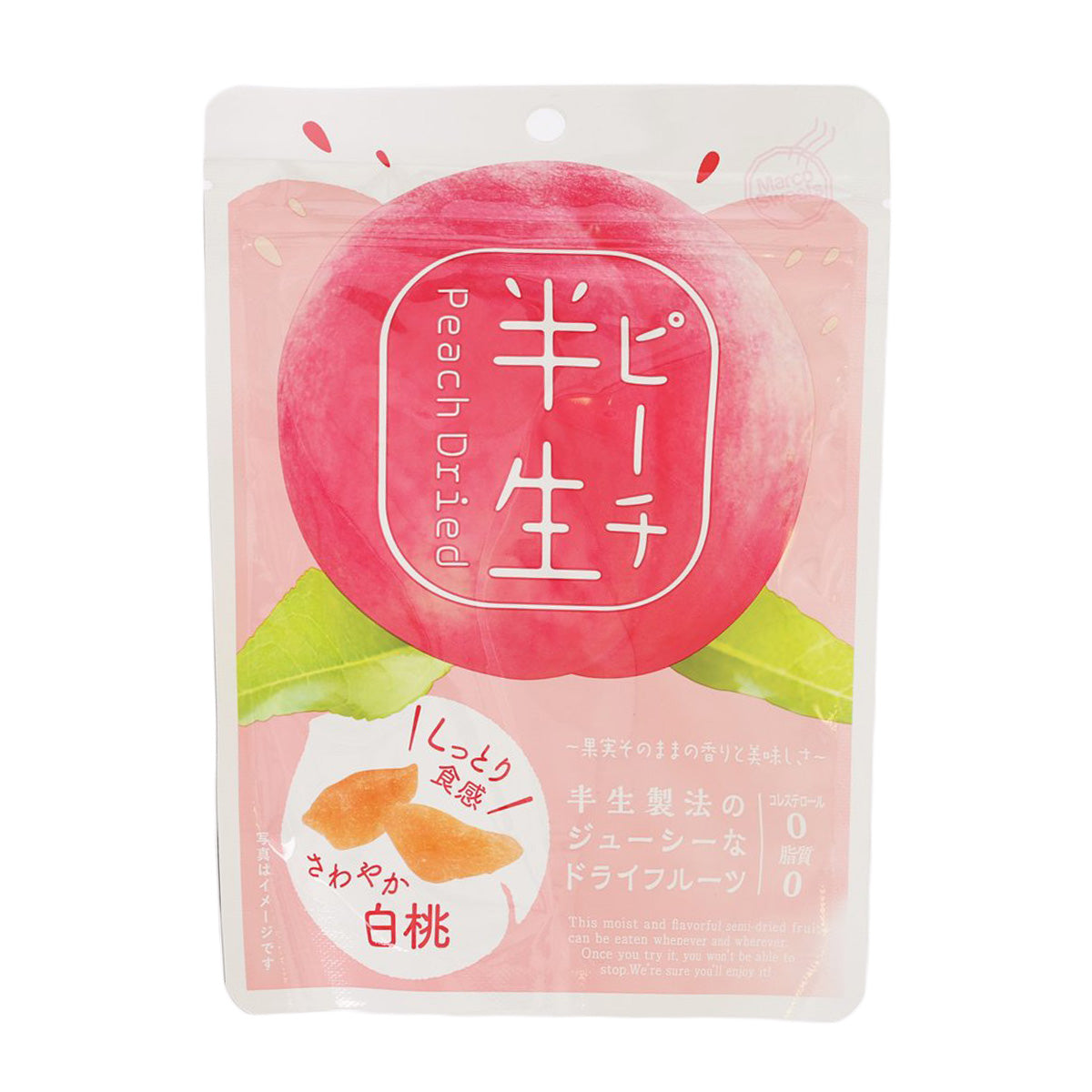 Half-dried peach snack pouch, DOSHISHA Hannama, 80g, front with peach graphic
