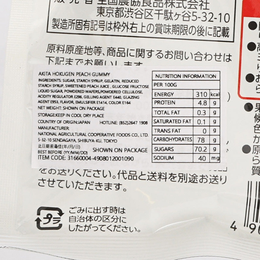 Nutrition information panel on NIPPONYELL peach gummy pouch, 40g