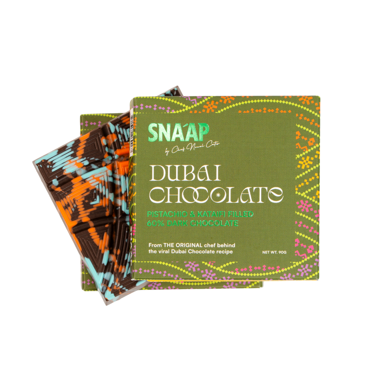 SNAAP Dubai Chocolate box with stacked wrapped bars, pistachio and kataifi dark filling