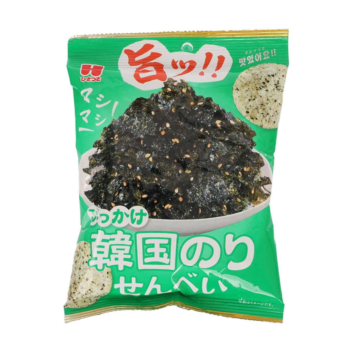 Seaweed rice cracker bag, green pack with dark seaweed flakes, 32g