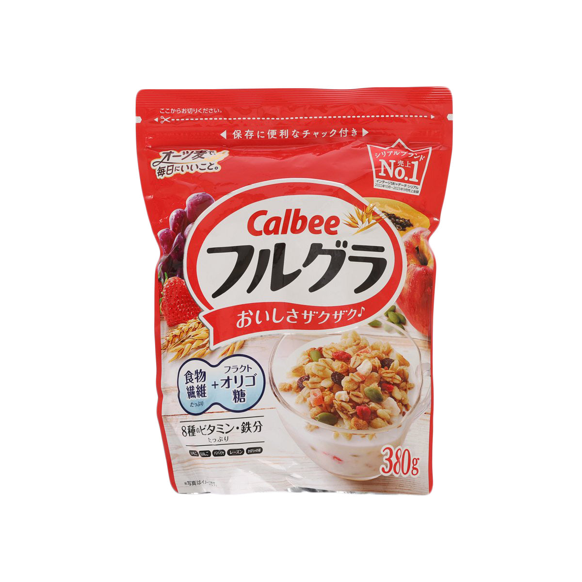 CALBEE granola cereal pouch, red front with bowl graphics and 360g label