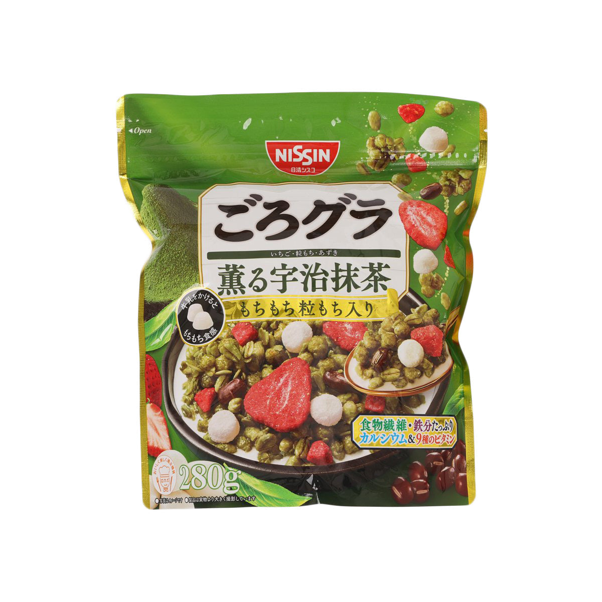 NISSIN matcha cereal pouch, green package with ingredient mix graphic, 280g front