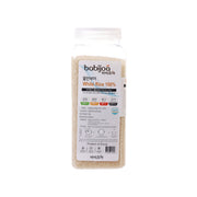 Organic white rice jar with front label and clear plastic container
