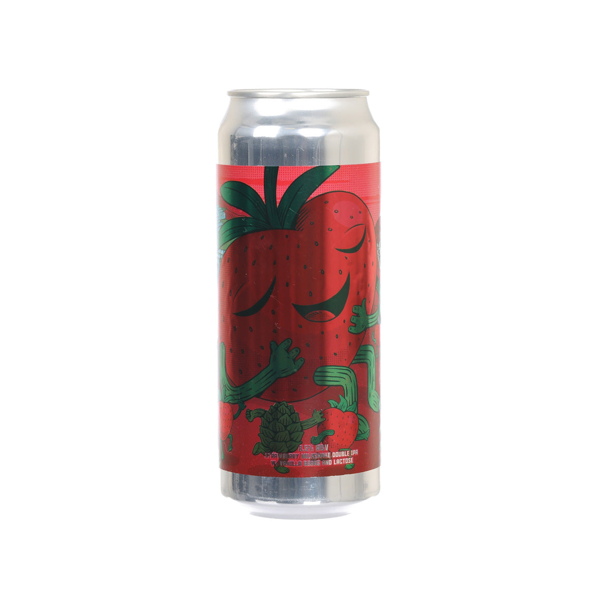 Beer can with silver top and red strawberry-themed graphic wrap