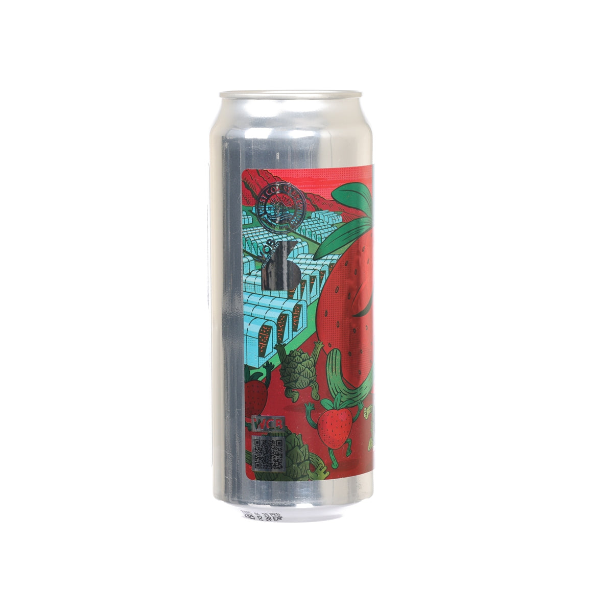 Beer can with silver top and green-and-red fruit illustration graphic