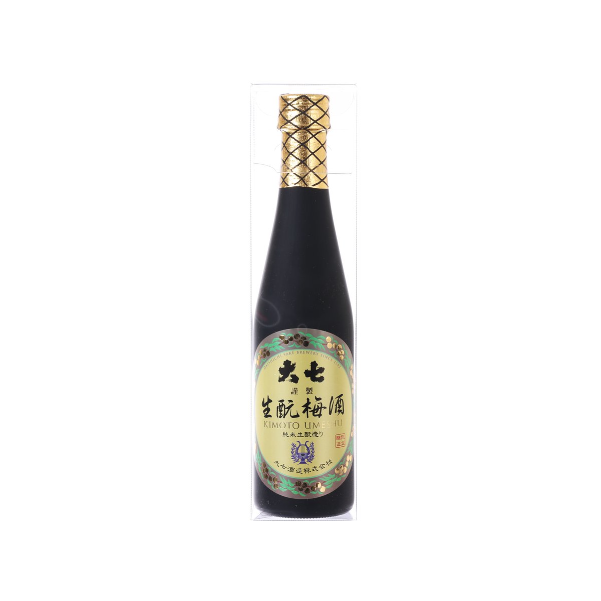 Umeshu liquor bottle with gold woven cap and front label, 300 mL